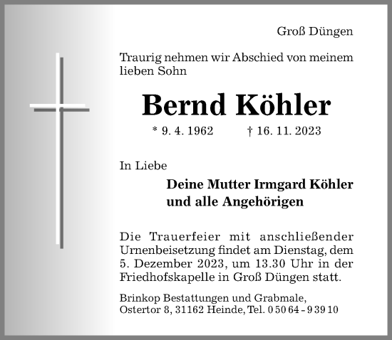 Traueranzeige von Bernd Köhler von Hildesheimer Allgemeine Zeitung