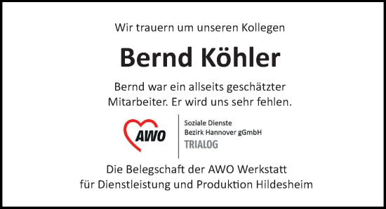 Traueranzeige von Bernd Köhler von Hildesheimer Allgemeine Zeitung