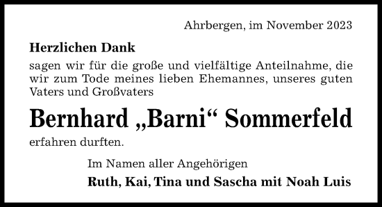 Traueranzeige von Bernhard Sommerfeld von Hildesheimer Allgemeine Zeitung