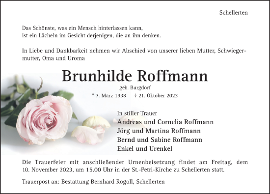 Traueranzeige von Brunhilde Roffmann von Hildesheimer Allgemeine Zeitung