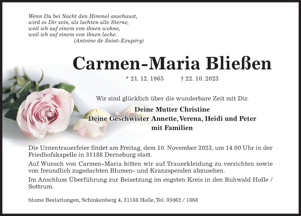  Traueranzeige für Carmen-Maria Bließen vom 01.11.2023 aus Hildesheimer Allgemeine Zeitung