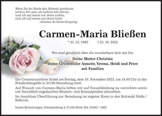 Traueranzeige von Carmen-Maria Bließen von Hildesheimer Allgemeine Zeitung