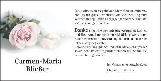 Traueranzeige von Carmen-Maria Bließen von Hildesheimer Allgemeine Zeitung