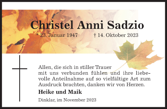 Traueranzeige von Christel Anni Sadzio von Hildesheimer Allgemeine Zeitung