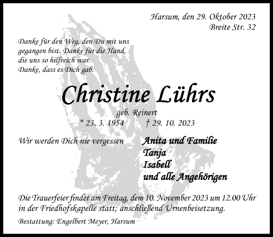 Traueranzeige von Christine Lührs von Hildesheimer Allgemeine Zeitung