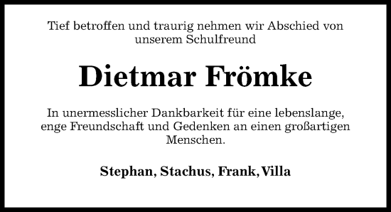 Traueranzeige von Dietmar Frömke von Hildesheimer Allgemeine Zeitung