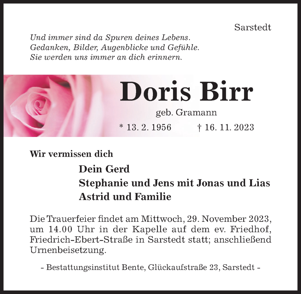  Traueranzeige für Doris Birr vom 18.11.2023 aus Hildesheimer Allgemeine Zeitung