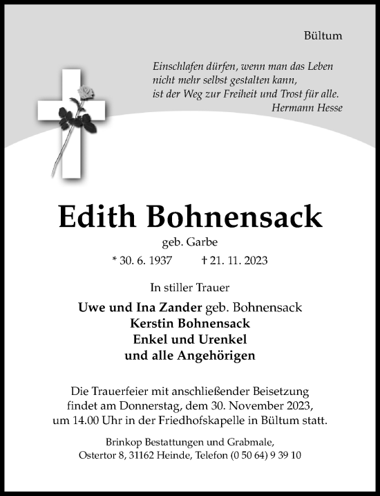 Traueranzeige von Edith Bohnensack von Hildesheimer Allgemeine Zeitung