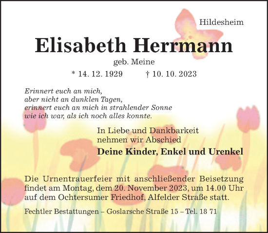 Traueranzeige von Elisabeth Herrmann von Hildesheimer Allgemeine Zeitung