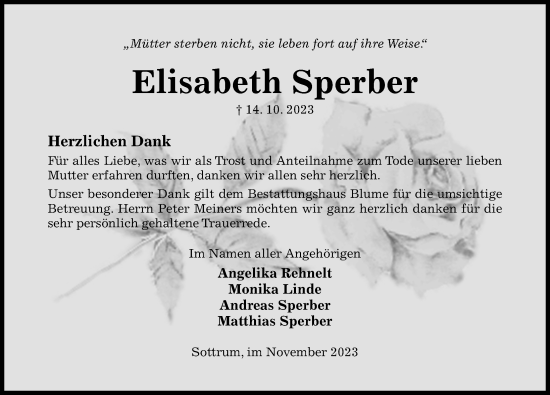 Traueranzeige von Elisabeth Sperber von Hildesheimer Allgemeine Zeitung