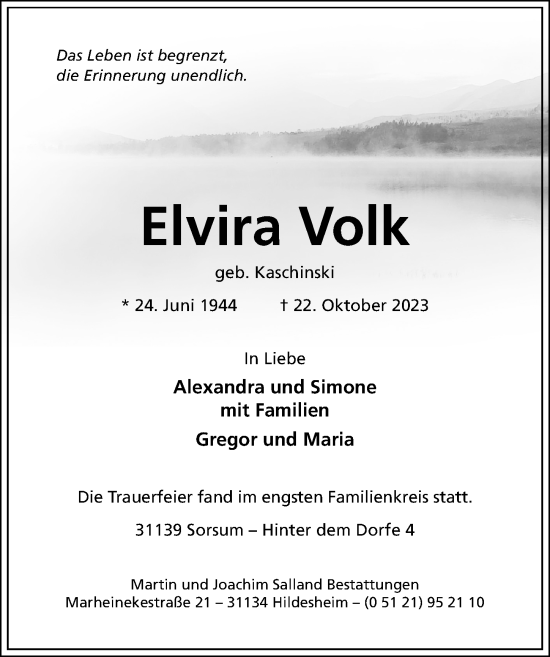 Traueranzeige von Elvira Volk von Hildesheimer Allgemeine Zeitung