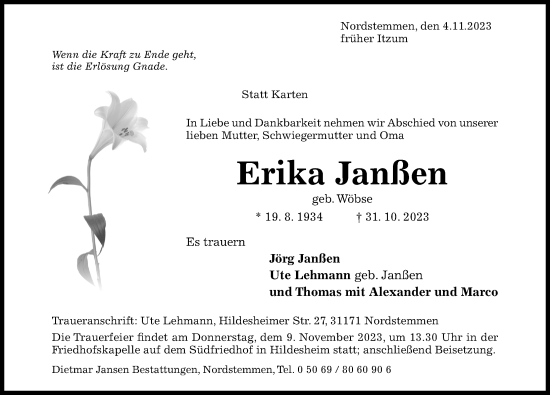 Traueranzeige von Erika Janßen von Hildesheimer Allgemeine Zeitung