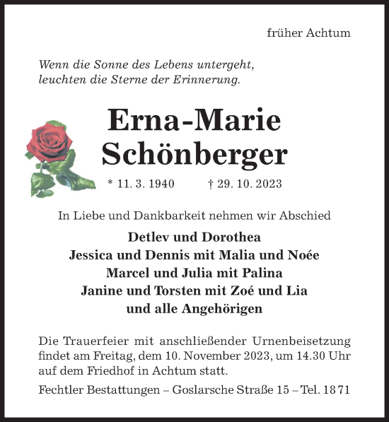 Traueranzeige von Erna-Marie Schönberger von Hildesheimer Allgemeine Zeitung