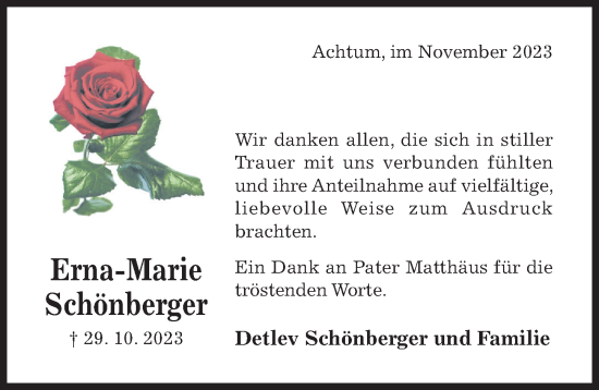 Traueranzeige von Erna-Marie Schönberger von Hildesheimer Allgemeine Zeitung