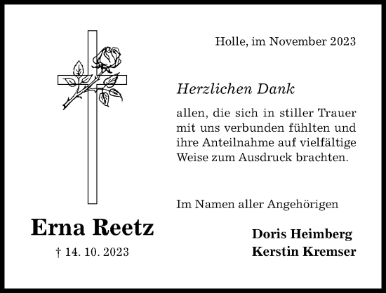 Traueranzeige von Erna Reetz von Hildesheimer Allgemeine Zeitung