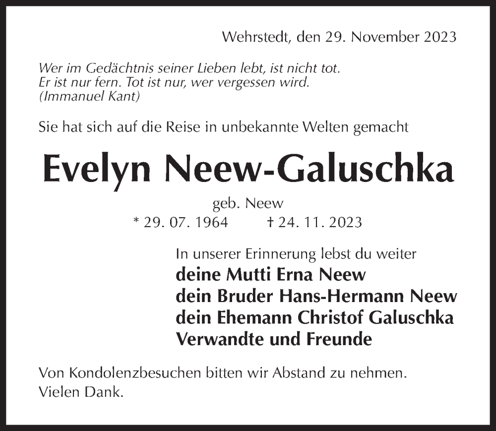  Traueranzeige für Evelyn Neew-Galuschka vom 29.11.2023 aus Hildesheimer Allgemeine Zeitung