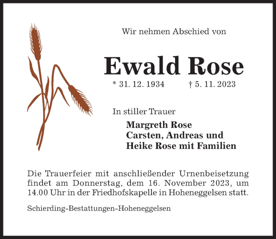 Traueranzeige von Ewald Rose von Hildesheimer Allgemeine Zeitung