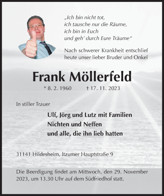 Traueranzeige von Frank Möllerfeld von Hildesheimer Allgemeine Zeitung