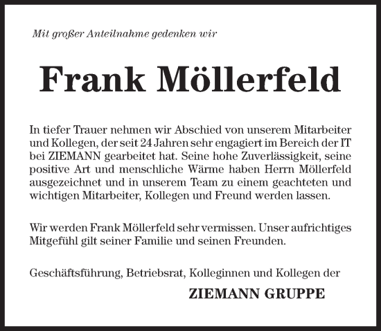 Traueranzeige von Frank Möllerfeld von Hildesheimer Allgemeine Zeitung