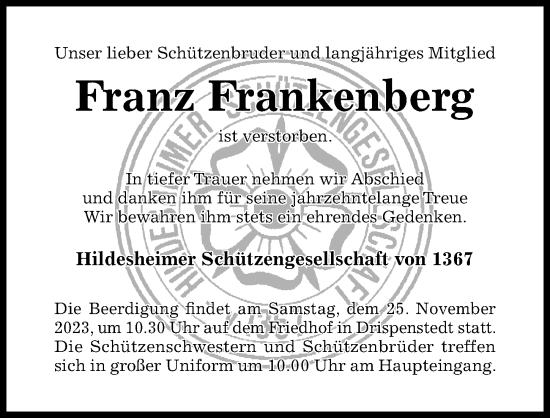 Traueranzeige von Franz Frankenberg von Hildesheimer Allgemeine Zeitung