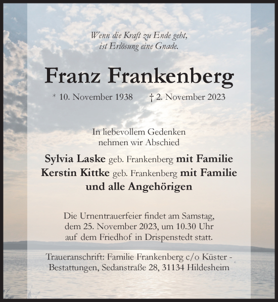 Traueranzeige von Franz Frankenberg von Hildesheimer Allgemeine Zeitung