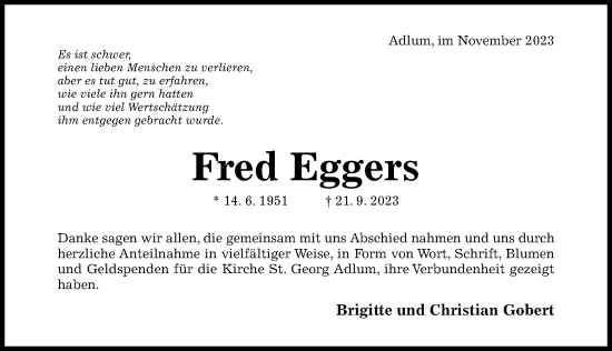 Traueranzeige von Fred Eggers von Hildesheimer Allgemeine Zeitung