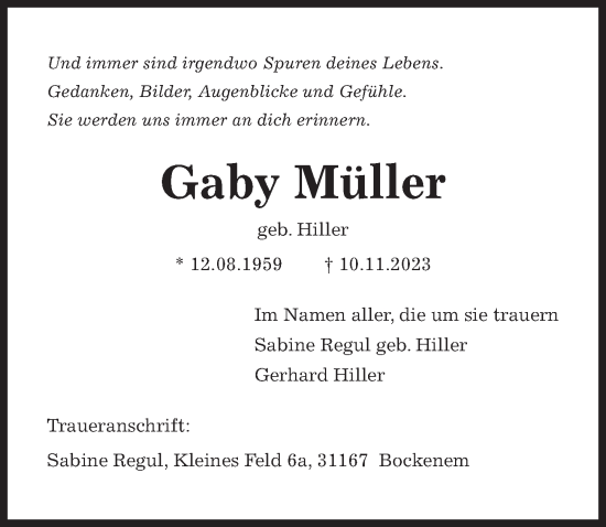 Traueranzeige von Gaby Müller von Hildesheimer Allgemeine Zeitung