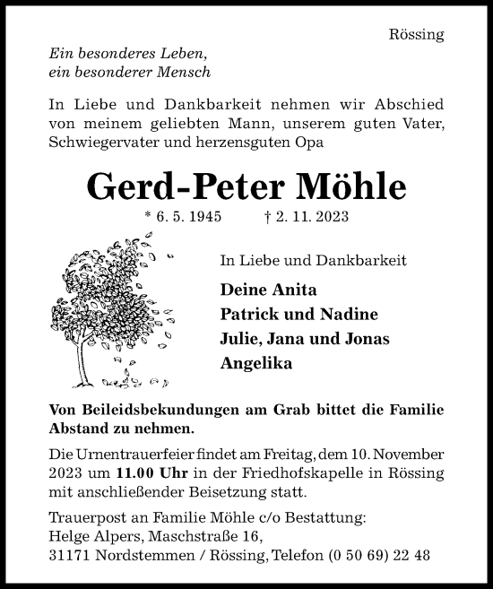 Traueranzeige von Gerd-Peter Möhle von Hildesheimer Allgemeine Zeitung