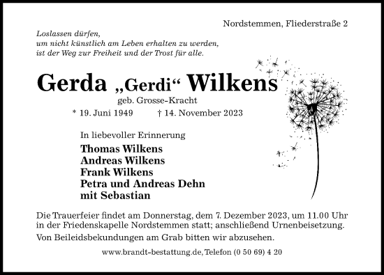 Traueranzeige von Gerda Wilkens von Hildesheimer Allgemeine Zeitung