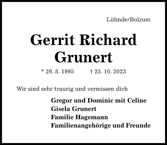 Traueranzeige von Gerrit Richard Grunert von Hildesheimer Allgemeine Zeitung