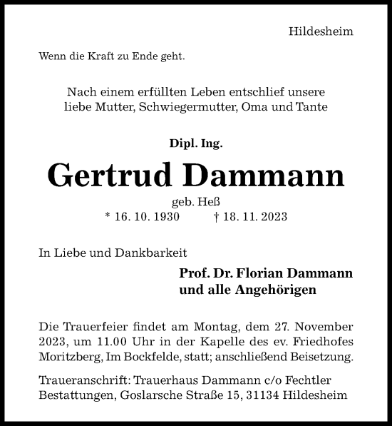 Traueranzeige von Gertrud Dammann von Hildesheimer Allgemeine Zeitung