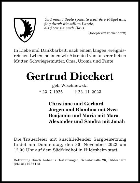 Traueranzeige von Gertrud Dieckert von Hildesheimer Allgemeine Zeitung