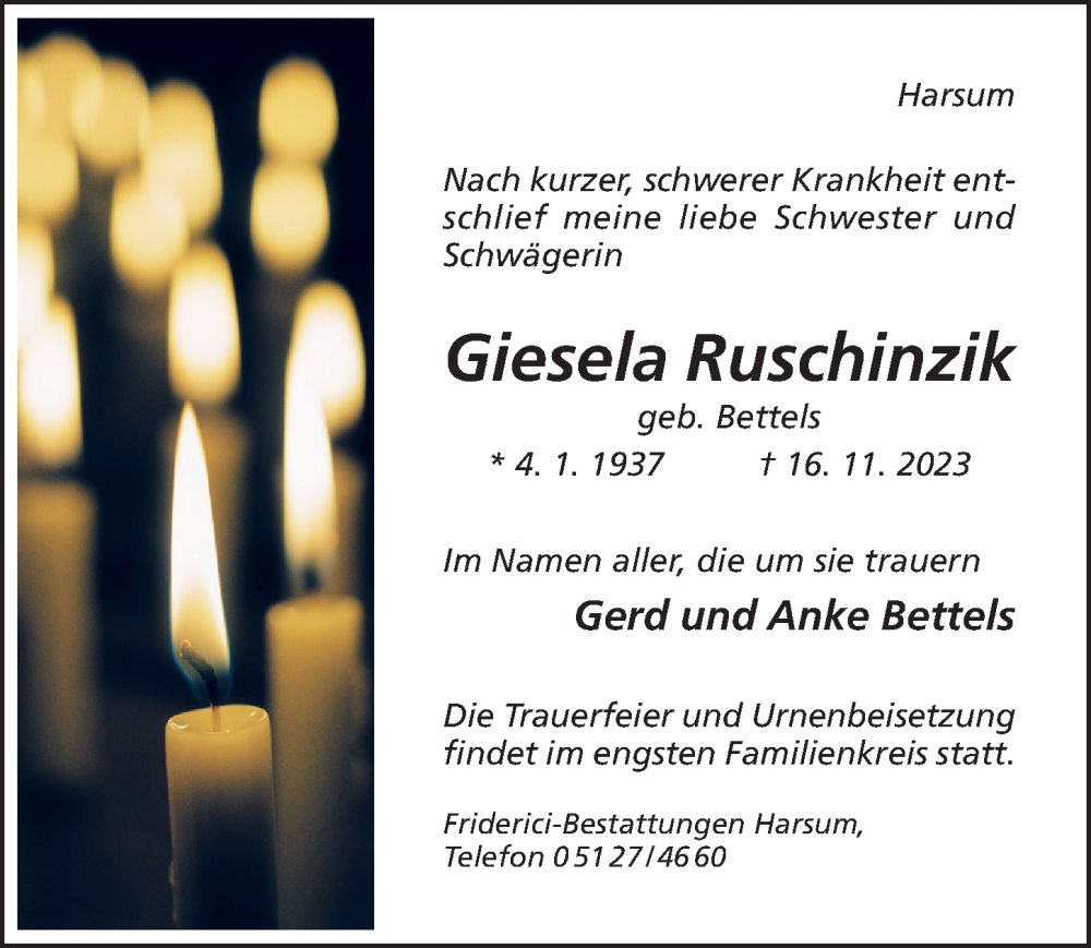  Traueranzeige für Giesela Ruschinzik vom 20.11.2023 aus Hildesheimer Allgemeine Zeitung