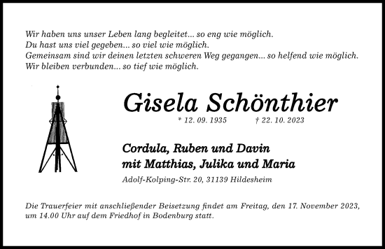 Traueranzeige von Gisela Schönthier von Hildesheimer Allgemeine Zeitung