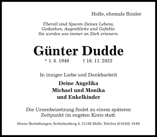 Traueranzeige von Günter Dudde von Hildesheimer Allgemeine Zeitung