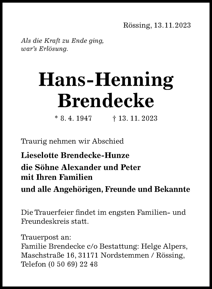  Traueranzeige für Hans-Henning Brendecke vom 18.11.2023 aus Hildesheimer Allgemeine Zeitung