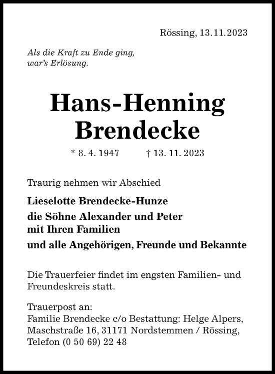 Traueranzeige von Hans-Henning Brendecke von Hildesheimer Allgemeine Zeitung