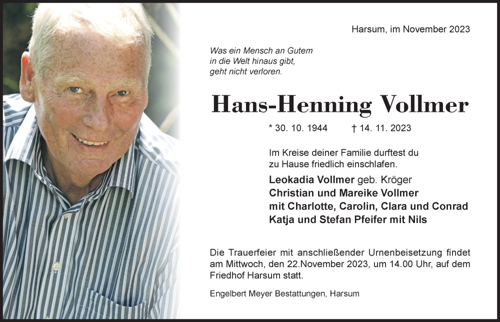 Traueranzeige für Hans-Henning Vollmer vom 18.11.2023 aus Hildesheimer Allgemeine Zeitung