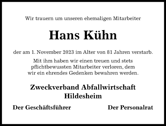 Traueranzeige von Hans Kühn von Hildesheimer Allgemeine Zeitung