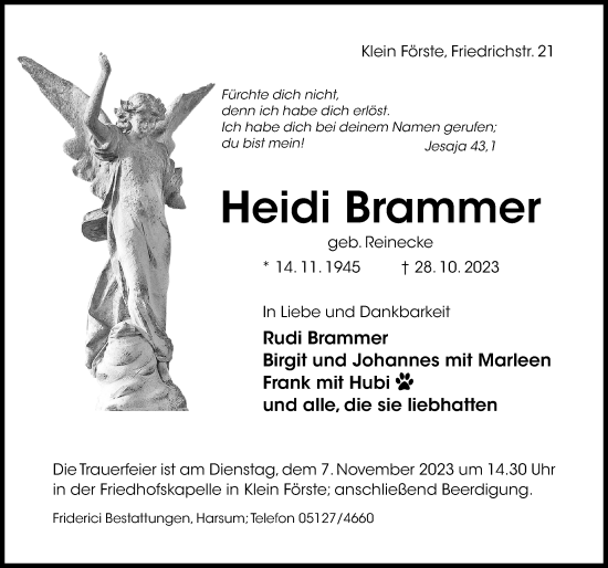 Traueranzeige von Heidi Brammer von Hildesheimer Allgemeine Zeitung