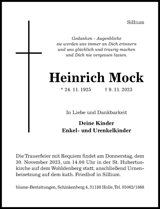 Traueranzeige von Heinrich Mock von Hildesheimer Allgemeine Zeitung