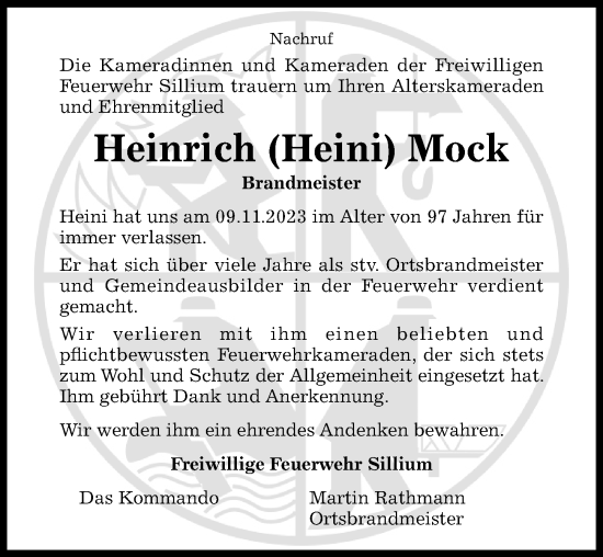 Traueranzeige von Heinrich Mock von Hildesheimer Allgemeine Zeitung