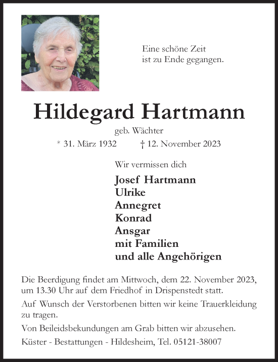 Traueranzeigen von Hildegard Hartmann | Trauerportal Hildesheimer ...