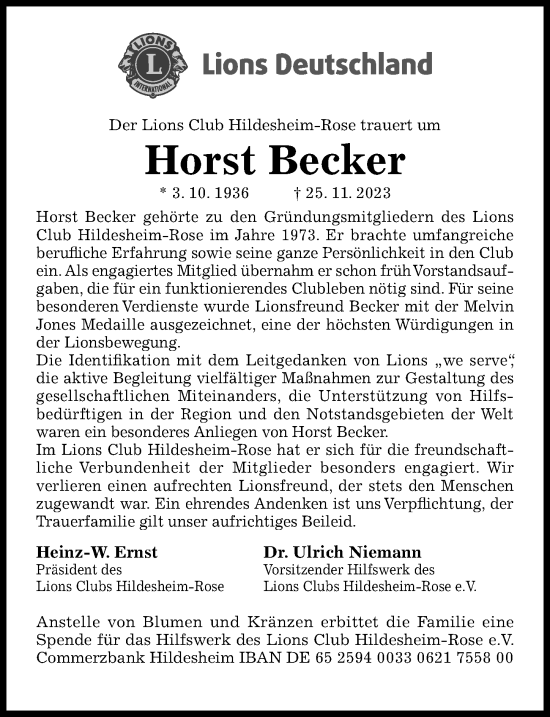 Traueranzeige von Horst Becker von Hildesheimer Allgemeine Zeitung