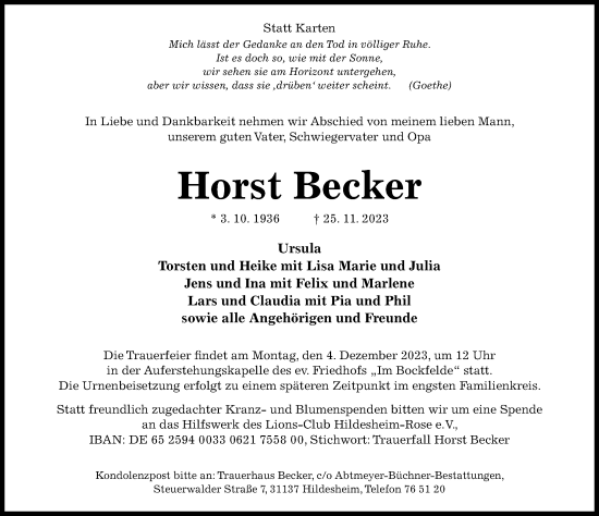 Traueranzeige von Horst Becker von Hildesheimer Allgemeine Zeitung