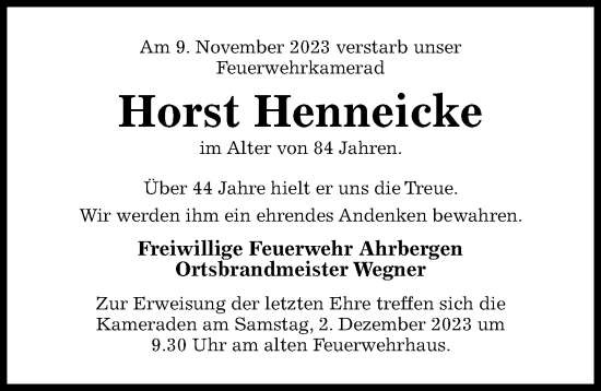 Traueranzeige von Horst Henneicke von Hildesheimer Allgemeine Zeitung