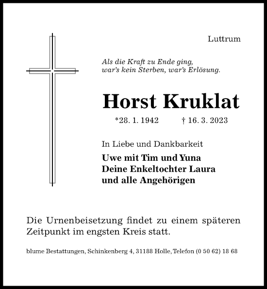 Traueranzeige von Horst Kruklat von Hildesheimer Allgemeine Zeitung