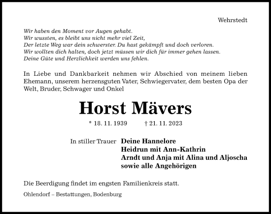 Traueranzeige von Horst Mävers von Hildesheimer Allgemeine Zeitung