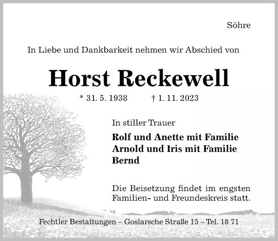 Traueranzeige von Horst Reckewell von Hildesheimer Allgemeine Zeitung