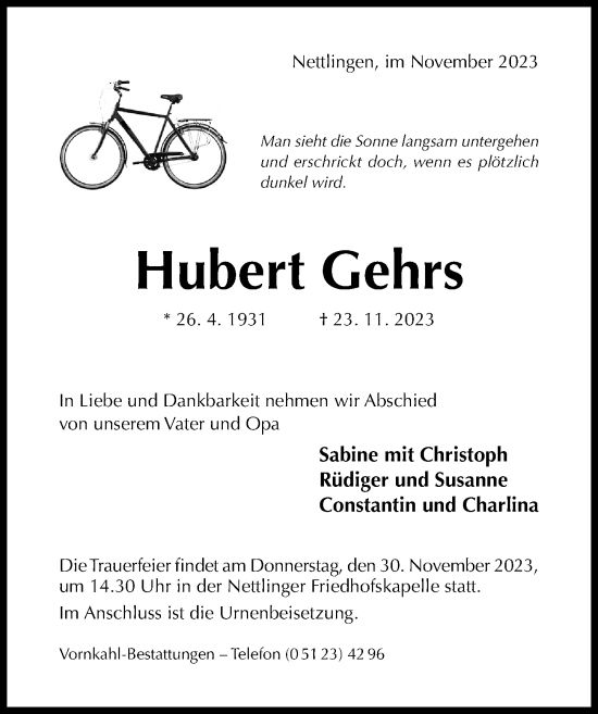 Traueranzeige von Hubert Gehrs von Hildesheimer Allgemeine Zeitung